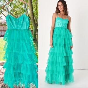 Rule the Runway Teal Green Tulle Bustier Tiered Maxi Dress